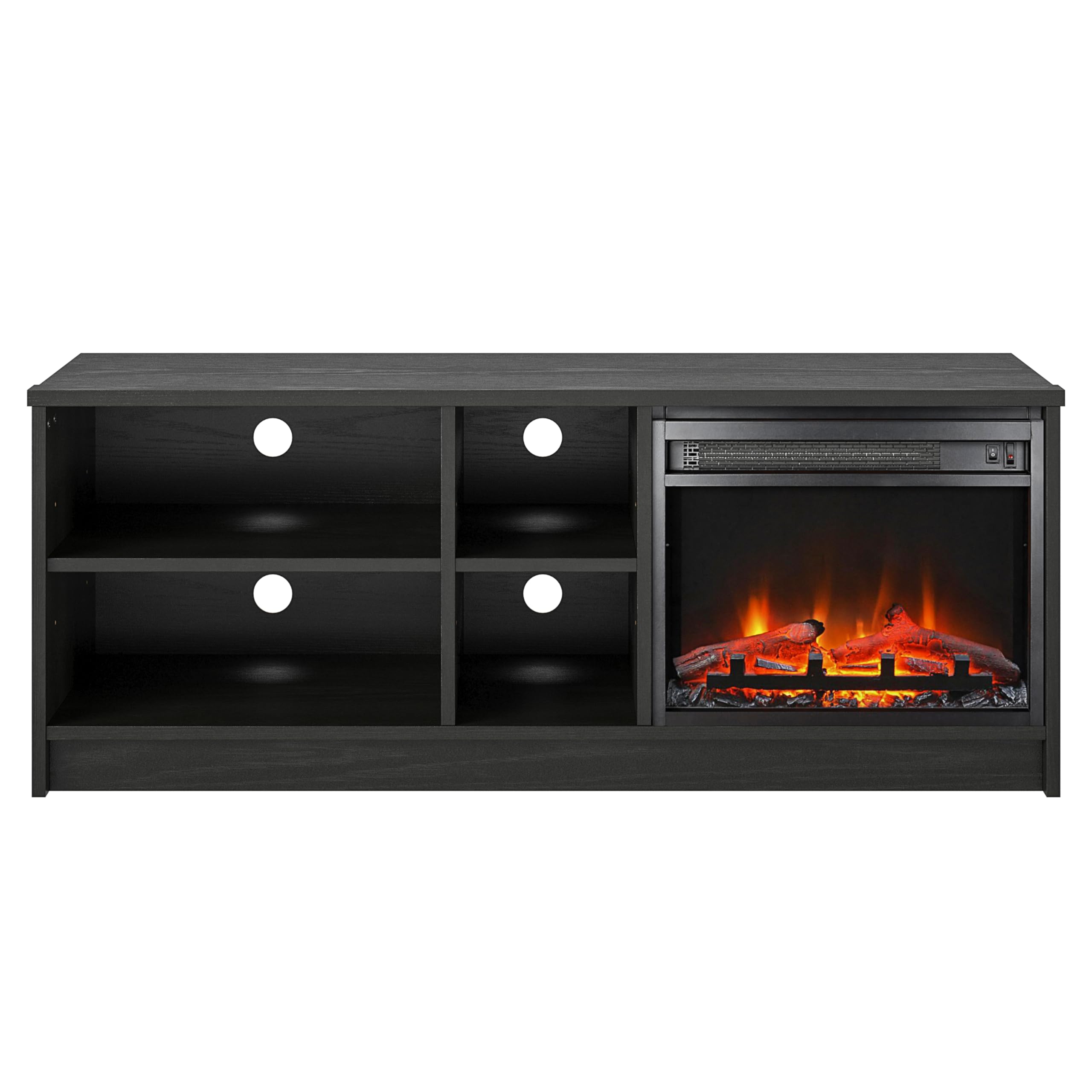 Ameriwood Home Noble TV Stand with Electric Fireplace Insert and 4 Shelves, 65”, Black Oak