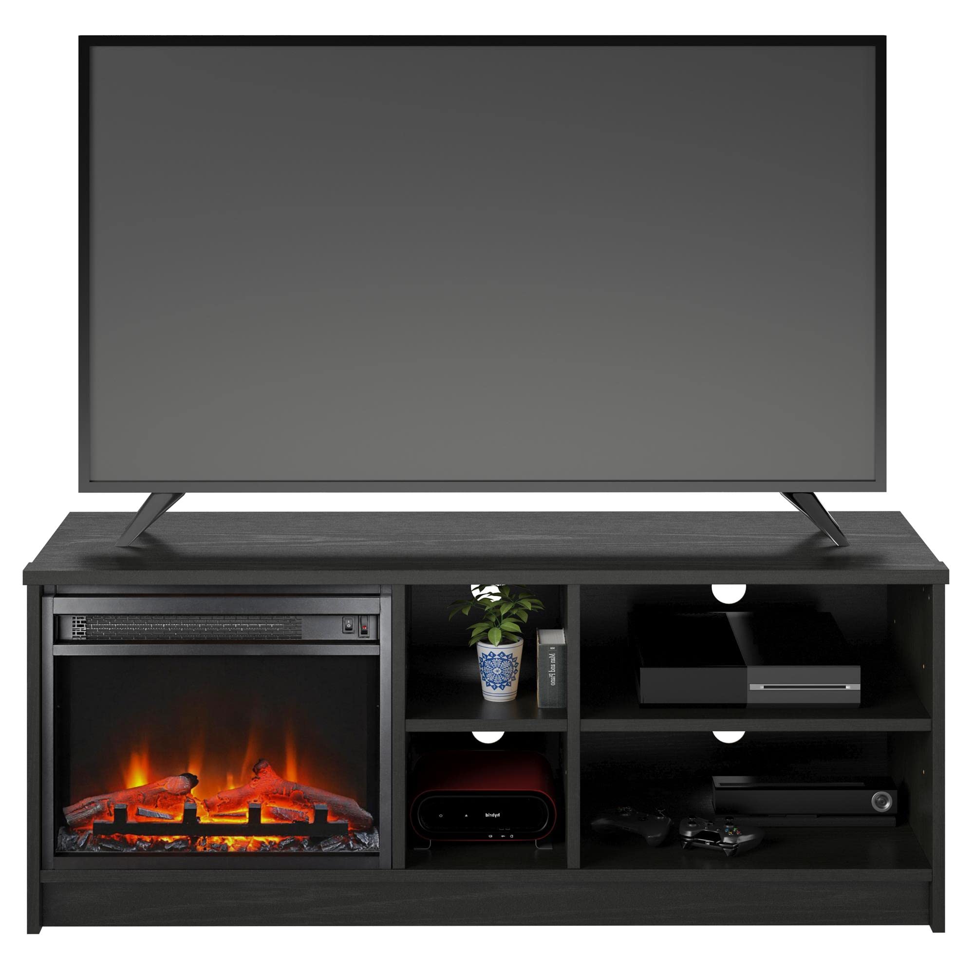 Ameriwood Home Noble TV Stand with Electric Fireplace Insert and 4 Shelves, 65”, Black Oak