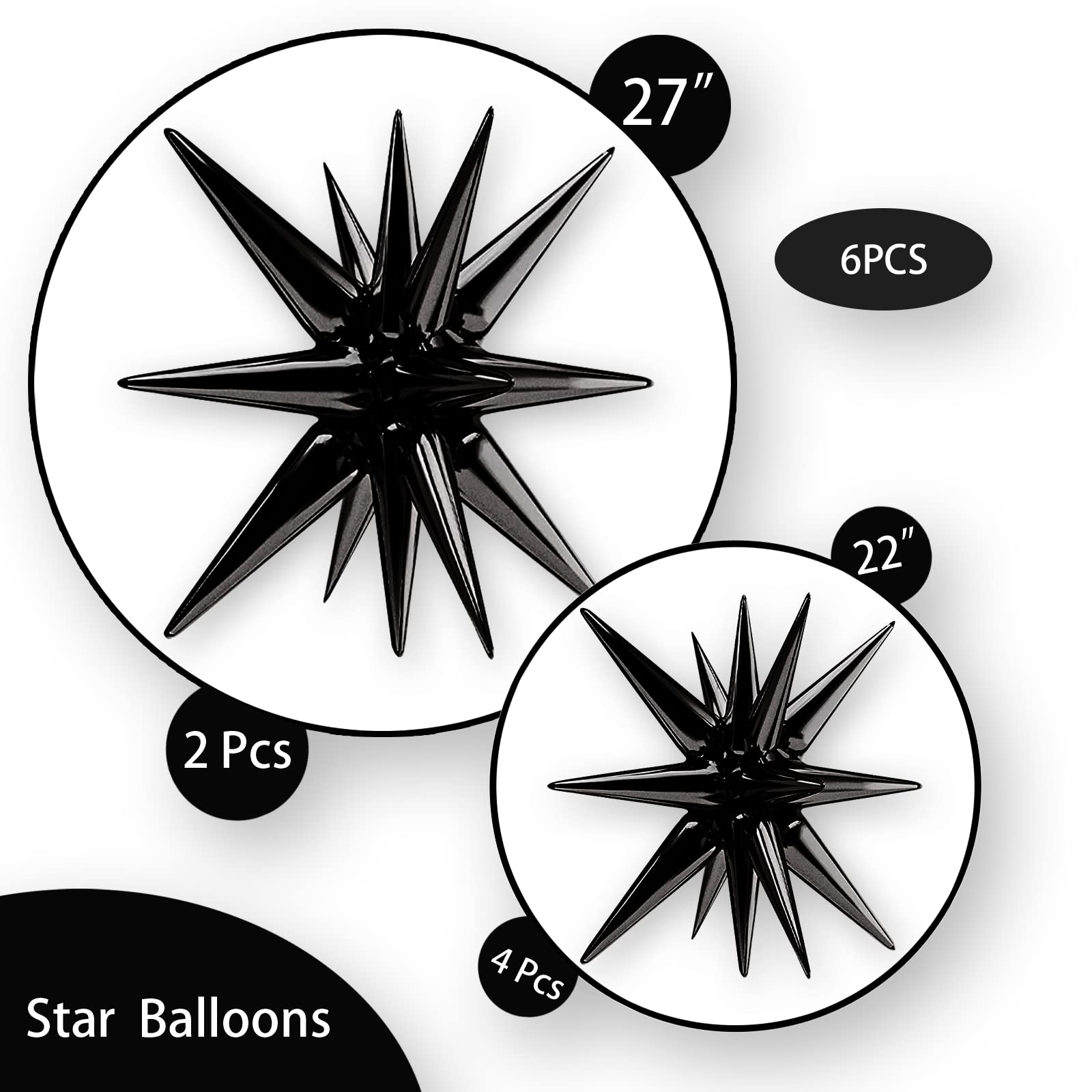 BlingABC Star Foil Balloons Black Explosion 6PCS 14 Point Cone Balloons Magic Starburst Balloons Large for Wedding Anniversary Backdrop Birthday Party Decorations(27 & 22 inch)