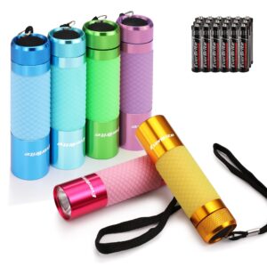 everbrite 6-pack mini flashlights, glow in dark flashlights, aluminum led flashlights party favors assorted colors for camping, hiking, indoor, 18xaaa batteries included
