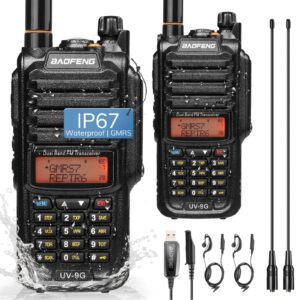baofeng uv-9g gmrs radio (2 pack), ip67 waterproof outdoors two way radios, long range rechargeable with programming cable and ra-md2 antennas, gmrs repeater capable, support chirp