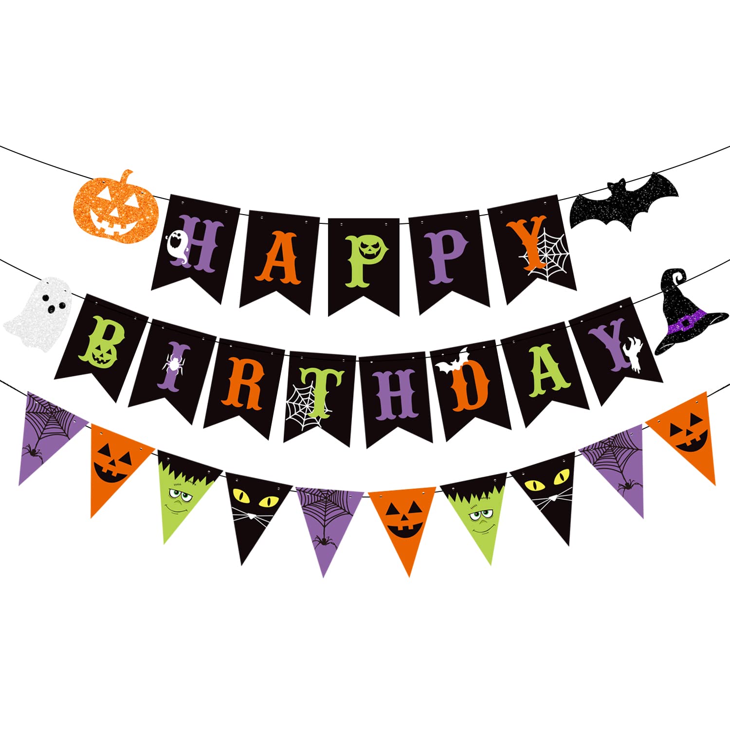 JKQ Colorful Halloween Happy Birthday Banner and Halloween Pattern Pennant Banner Halloween Birthday Paper Bunting Banner with Pumpkin Ghost Halloween Boys Girls Birthday Baby Shower Party Decorations