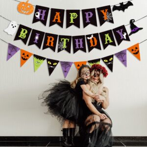 JKQ Colorful Halloween Happy Birthday Banner and Halloween Pattern Pennant Banner Halloween Birthday Paper Bunting Banner with Pumpkin Ghost Halloween Boys Girls Birthday Baby Shower Party Decorations