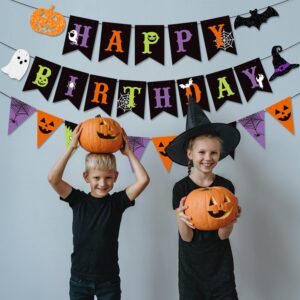 JKQ Colorful Halloween Happy Birthday Banner and Halloween Pattern Pennant Banner Halloween Birthday Paper Bunting Banner with Pumpkin Ghost Halloween Boys Girls Birthday Baby Shower Party Decorations