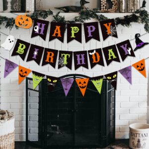 JKQ Colorful Halloween Happy Birthday Banner and Halloween Pattern Pennant Banner Halloween Birthday Paper Bunting Banner with Pumpkin Ghost Halloween Boys Girls Birthday Baby Shower Party Decorations