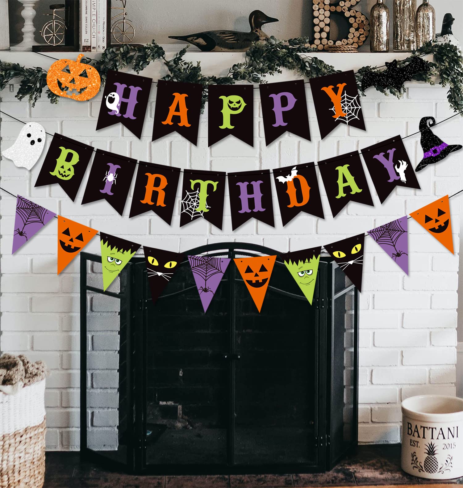 JKQ Colorful Halloween Happy Birthday Banner and Halloween Pattern Pennant Banner Halloween Birthday Paper Bunting Banner with Pumpkin Ghost Halloween Boys Girls Birthday Baby Shower Party Decorations