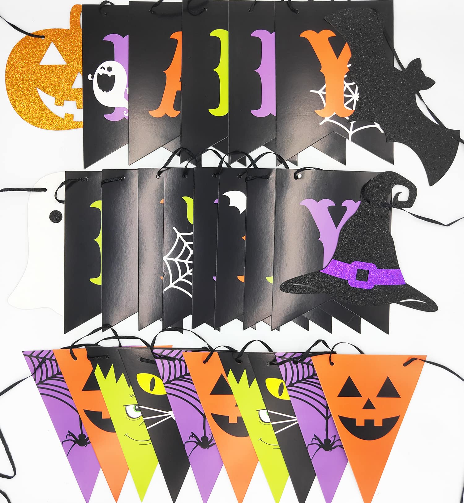 JKQ Colorful Halloween Happy Birthday Banner and Halloween Pattern Pennant Banner Halloween Birthday Paper Bunting Banner with Pumpkin Ghost Halloween Boys Girls Birthday Baby Shower Party Decorations