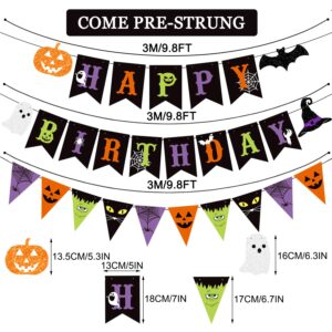 JKQ Colorful Halloween Happy Birthday Banner and Halloween Pattern Pennant Banner Halloween Birthday Paper Bunting Banner with Pumpkin Ghost Halloween Boys Girls Birthday Baby Shower Party Decorations