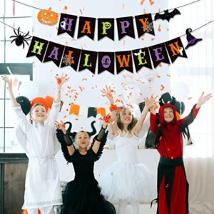 JKQ Colorful Happy Halloween Banner and Halloween Pattern Pennant Banner Halloween Paper Bunting Banner with Pumpkin Spider Bat Witch Hat Signs Halloween Haunted House Party Decorations for Wall