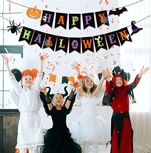 JKQ Colorful Happy Halloween Banner and Halloween Pattern Pennant Banner Halloween Paper Bunting Banner with Pumpkin Spider Bat Witch Hat Signs Halloween Haunted House Party Decorations for Wall