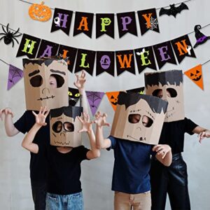 JKQ Colorful Happy Halloween Banner and Halloween Pattern Pennant Banner Halloween Paper Bunting Banner with Pumpkin Spider Bat Witch Hat Signs Halloween Haunted House Party Decorations for Wall