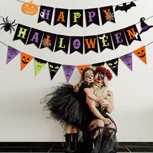 JKQ Colorful Happy Halloween Banner and Halloween Pattern Pennant Banner Halloween Paper Bunting Banner with Pumpkin Spider Bat Witch Hat Signs Halloween Haunted House Party Decorations for Wall