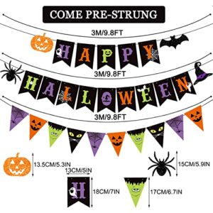 JKQ Colorful Happy Halloween Banner and Halloween Pattern Pennant Banner Halloween Paper Bunting Banner with Pumpkin Spider Bat Witch Hat Signs Halloween Haunted House Party Decorations for Wall