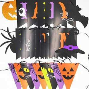 JKQ Colorful Happy Halloween Banner and Halloween Pattern Pennant Banner Halloween Paper Bunting Banner with Pumpkin Spider Bat Witch Hat Signs Halloween Haunted House Party Decorations for Wall