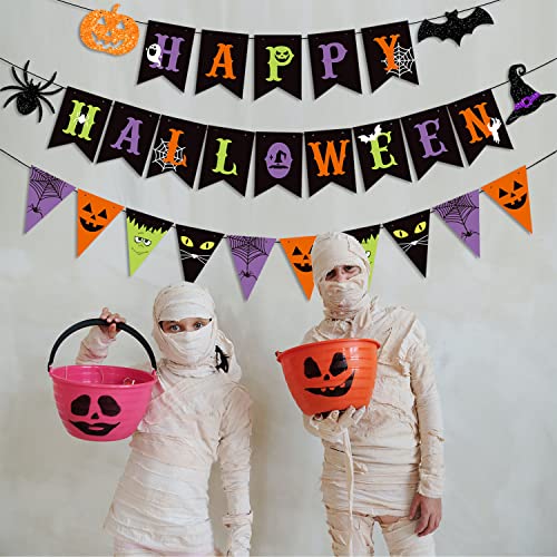 JKQ Colorful Happy Halloween Banner and Halloween Pattern Pennant Banner Halloween Paper Bunting Banner with Pumpkin Spider Bat Witch Hat Signs Halloween Haunted House Party Decorations for Wall