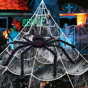 200" halloween giant spider web decoration+59" huge spider+12 mini fake spiders and stretch cobwebs, fake spiders with triangular spider web for indoor outdoor halloween yard home haunted house decor