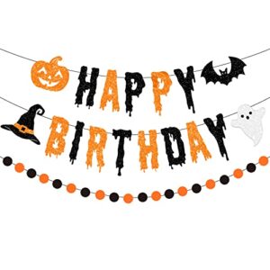 PTFNY Glittery Halloween Happy Birthday Banner Black Orange Halloween Birthday Bunting Banner Halloween Circle Dots Garland Halloween Themed Birthday Party Decorations for Wall Fireplace Party Decor