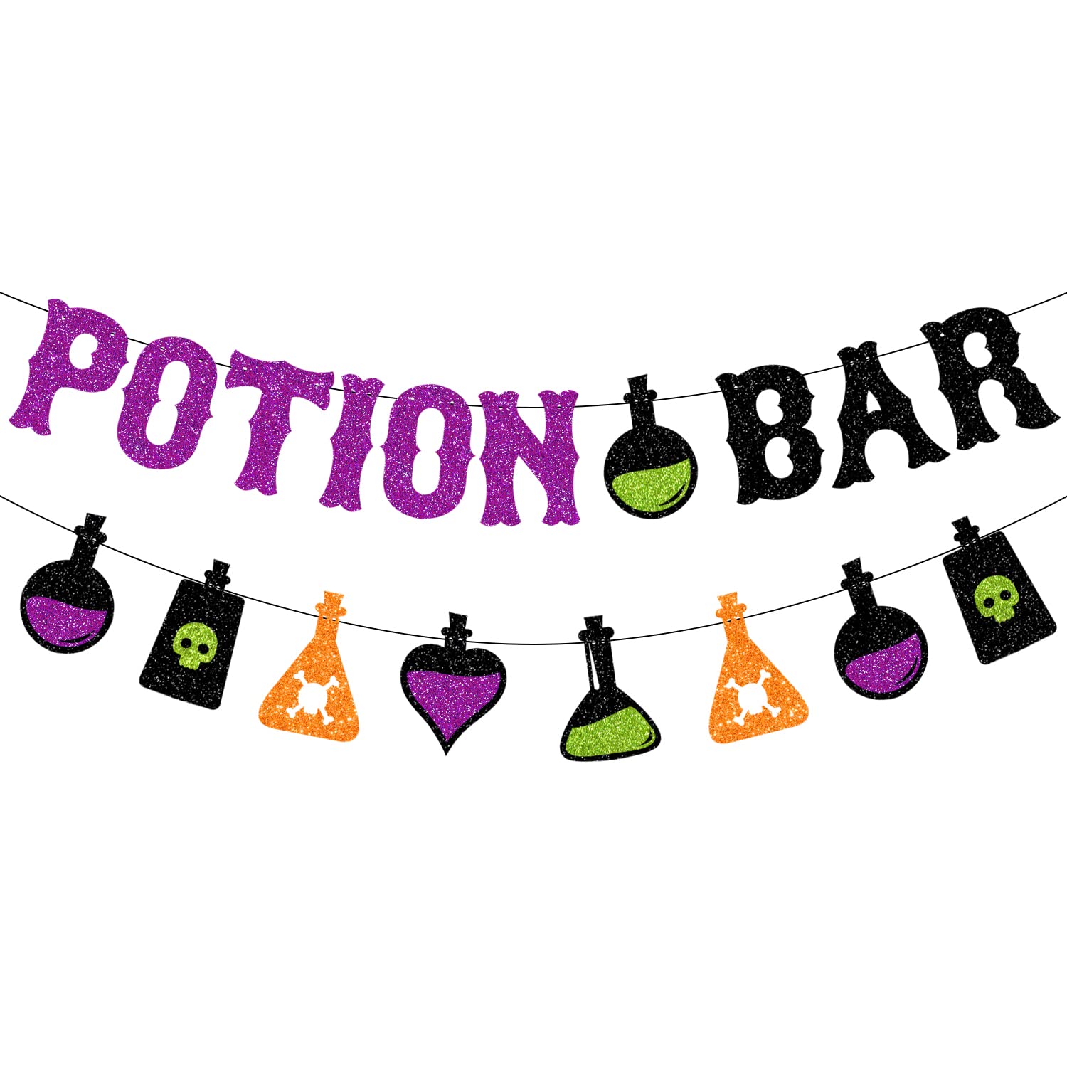 JOZON Glittery Potion Bar Banner with Potion Signs Halloween Hocus Pocus Witches Garland Banner Halloween Holiday Haunted House Party Decorations for Bar Mantle Fireplace Wall Party Supplies