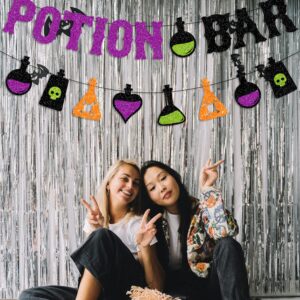 JOZON Glittery Potion Bar Banner with Potion Signs Halloween Hocus Pocus Witches Garland Banner Halloween Holiday Haunted House Party Decorations for Bar Mantle Fireplace Wall Party Supplies