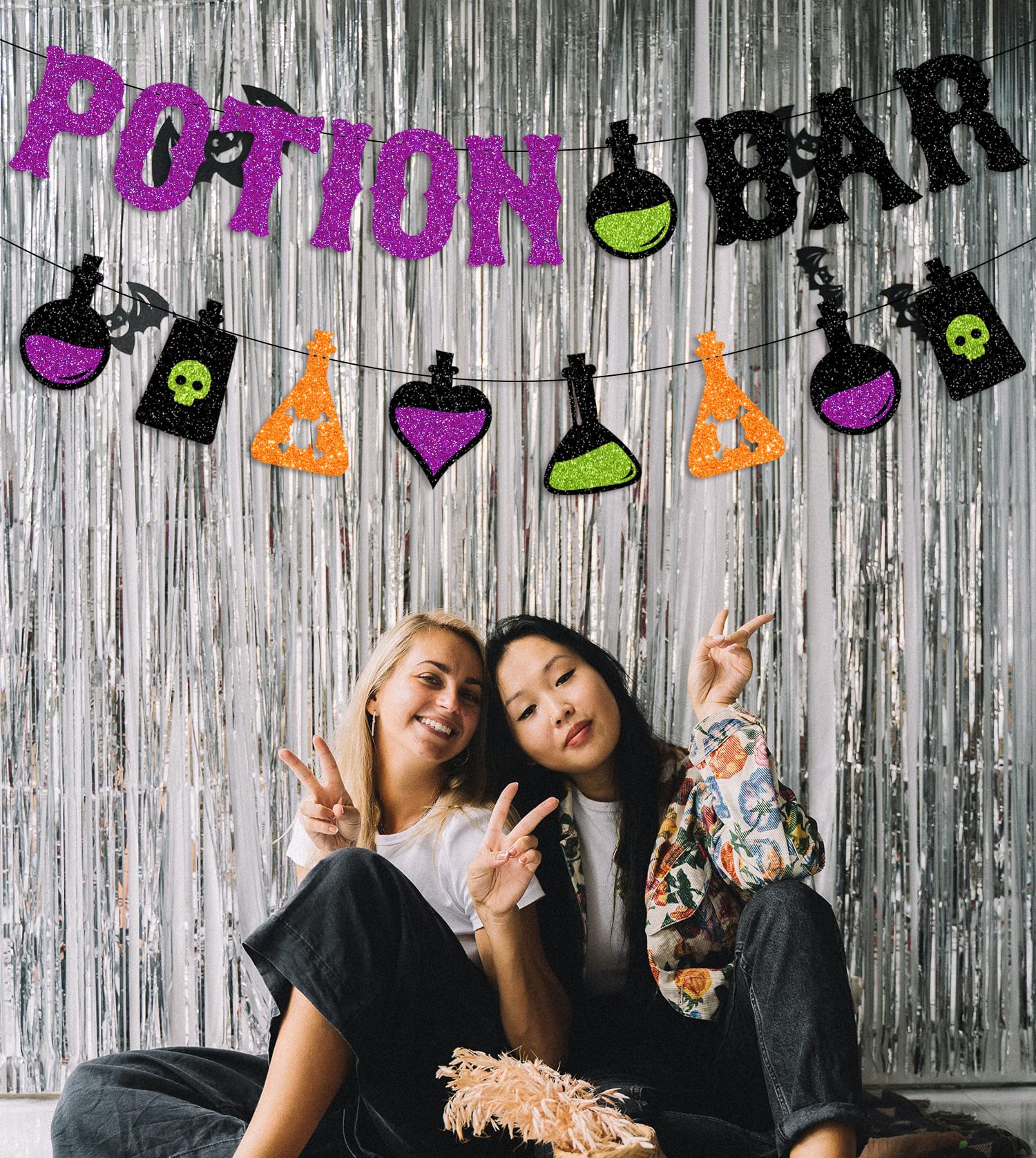 JOZON Glittery Potion Bar Banner with Potion Signs Halloween Hocus Pocus Witches Garland Banner Halloween Holiday Haunted House Party Decorations for Bar Mantle Fireplace Wall Party Supplies