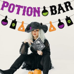 JOZON Glittery Potion Bar Banner with Potion Signs Halloween Hocus Pocus Witches Garland Banner Halloween Holiday Haunted House Party Decorations for Bar Mantle Fireplace Wall Party Supplies