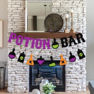 JOZON Glittery Potion Bar Banner with Potion Signs Halloween Hocus Pocus Witches Garland Banner Halloween Holiday Haunted House Party Decorations for Bar Mantle Fireplace Wall Party Supplies