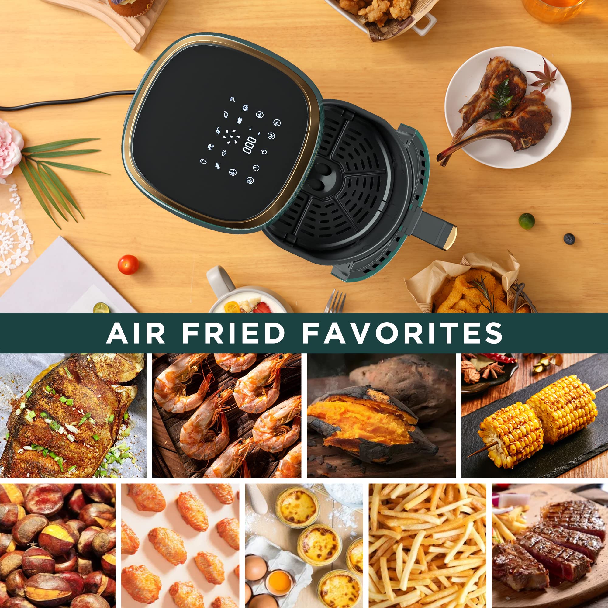 HAUSHOF Air Fryer, 4.2 Quart Compact Small Oven with 9 Cooking Functions, Nonstick Stainless Steel & Dishwasher-Safe, No-Oil Air Fry, Roast, Bake, Reheat, Fit for 1-4 People (Green)