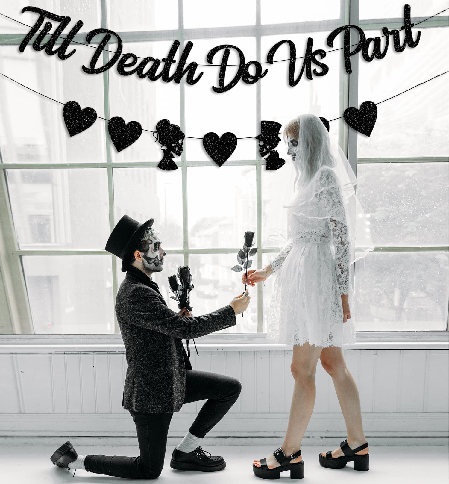 JKQ Black Glittery Till Death Do Us Part Banner with Heart Bride Groom Signs Halloween Bridal Shower Garland Banner Halloween Themed Wedding Bachelorette Engagement Party Fireplace Mantle Decorations