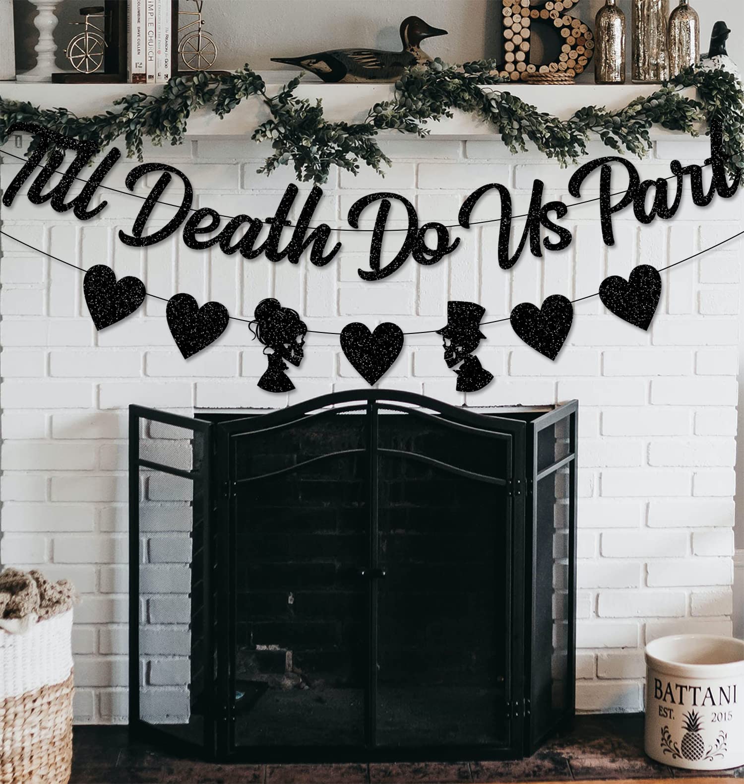 JKQ Black Glittery Till Death Do Us Part Banner with Heart Bride Groom Signs Halloween Bridal Shower Garland Banner Halloween Themed Wedding Bachelorette Engagement Party Fireplace Mantle Decorations