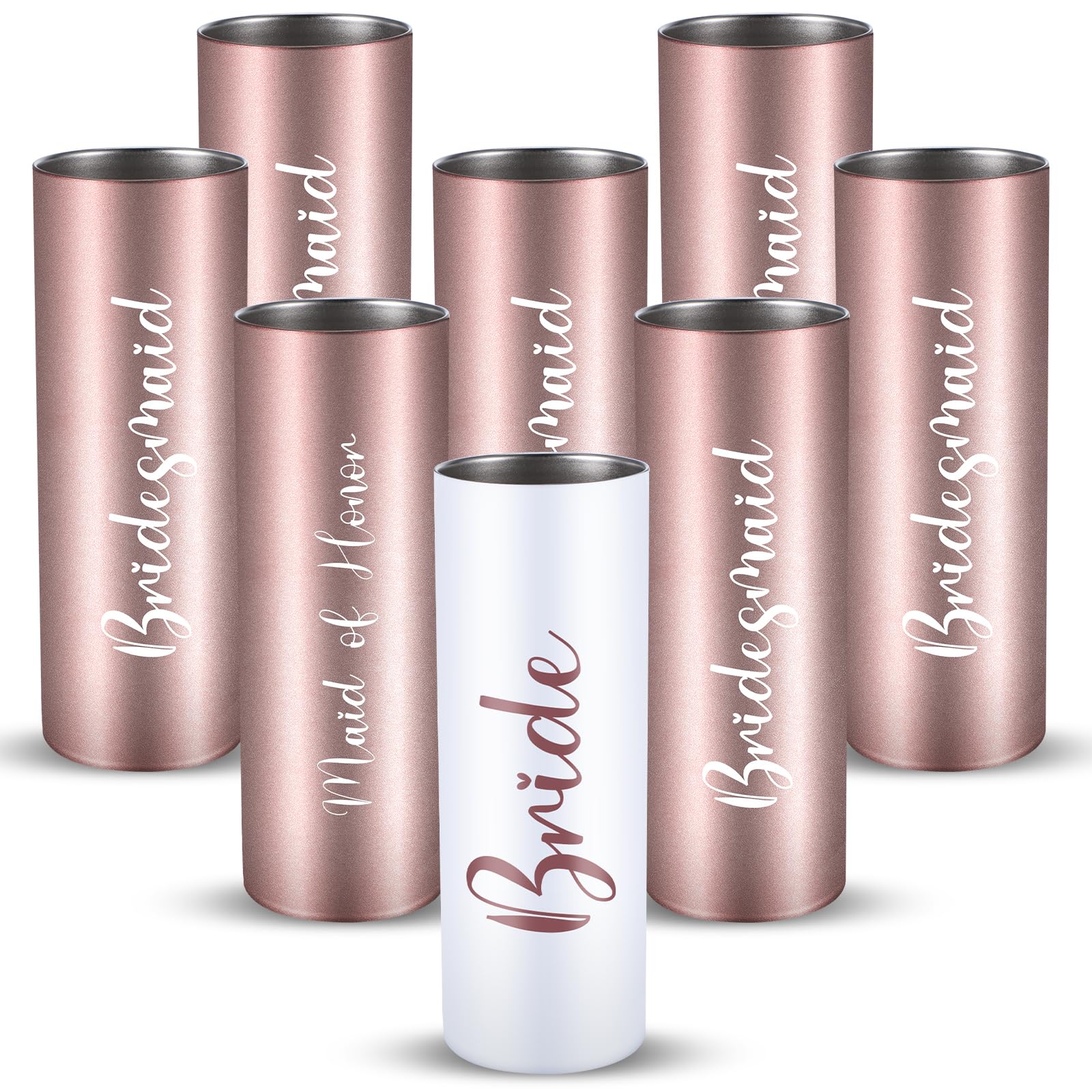 8 Pack Bridesmaid Skinny Tumbler 20 oz Bride Bridesmaid Wine Tumblers Stainless Steel Maid of Honor Champagne Flute Mugs Bridesmaid Proposal Gifts for Engagement Wedding Bachelorette Party Supplies