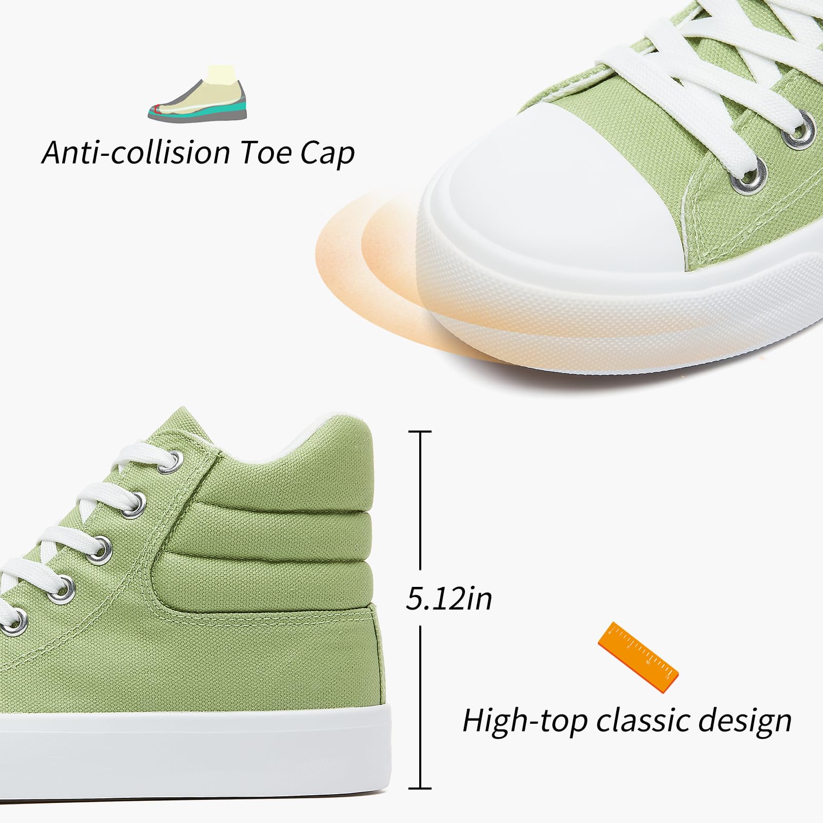 High Top Sneakers for Women White Womens High Tops Canvas Shoes Black Fashion Sneakers Casual Lace up Tennis Shoes (Green,US08)
