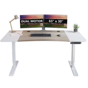 bilbil 63 x 30 inch dual motor electric standing desk, height adjustable stand up home office desk, sit stand table with splice board, white frame/oak+white top
