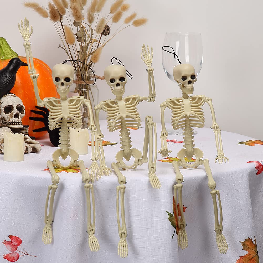 Skeleton Halloween Decoration, 3 Packs 16" Posable Halloween Skeletons, Full Body Posable Joints Skeletons for Halloween Hanging Skeleton Decoration, Haunted House, Graveyard Decorations