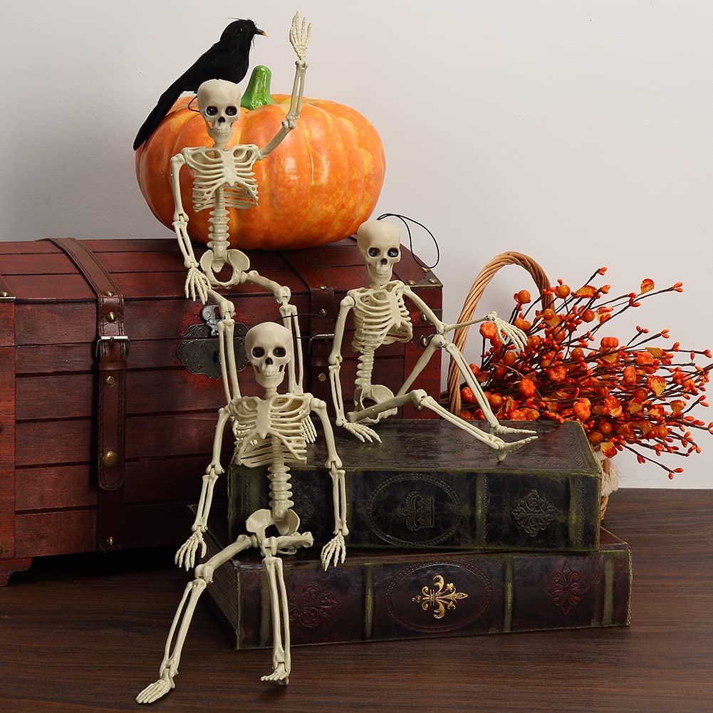 Skeleton Halloween Decoration, 3 Packs 16" Posable Halloween Skeletons, Full Body Posable Joints Skeletons for Halloween Hanging Skeleton Decoration, Haunted House, Graveyard Decorations