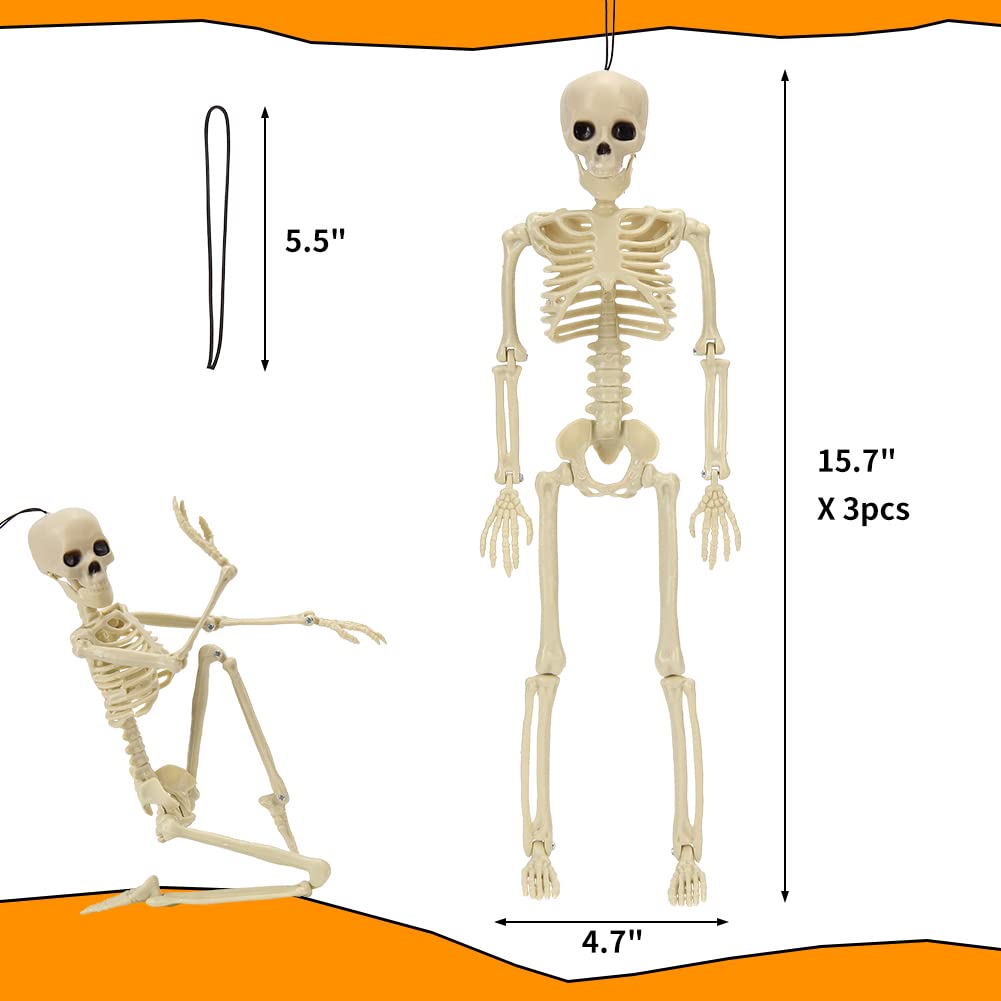 Skeleton Halloween Decoration, 3 Packs 16" Posable Halloween Skeletons, Full Body Posable Joints Skeletons for Halloween Hanging Skeleton Decoration, Haunted House, Graveyard Decorations