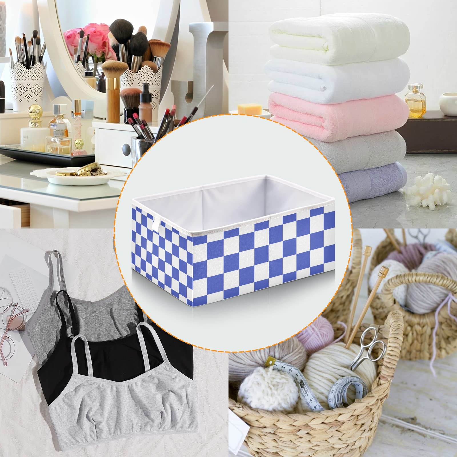 RunningBear Checkerboard Blue White Plaid Storage Basket Storage Bin Square Collapsible Storage Containers Towel Storage Organizer for Clothes Towels Magazine