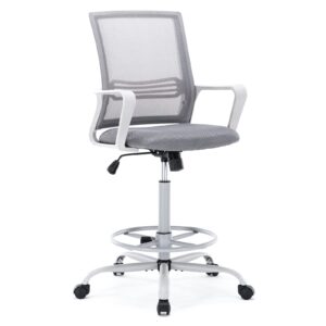 afo tall office drafting chair with ergonomic lumbar support, armrests and adjustable foot ring breathable mesh, comfortable padded seat cushion, for standing desk, grey 18.5d x 18.9w x 45.47h inch