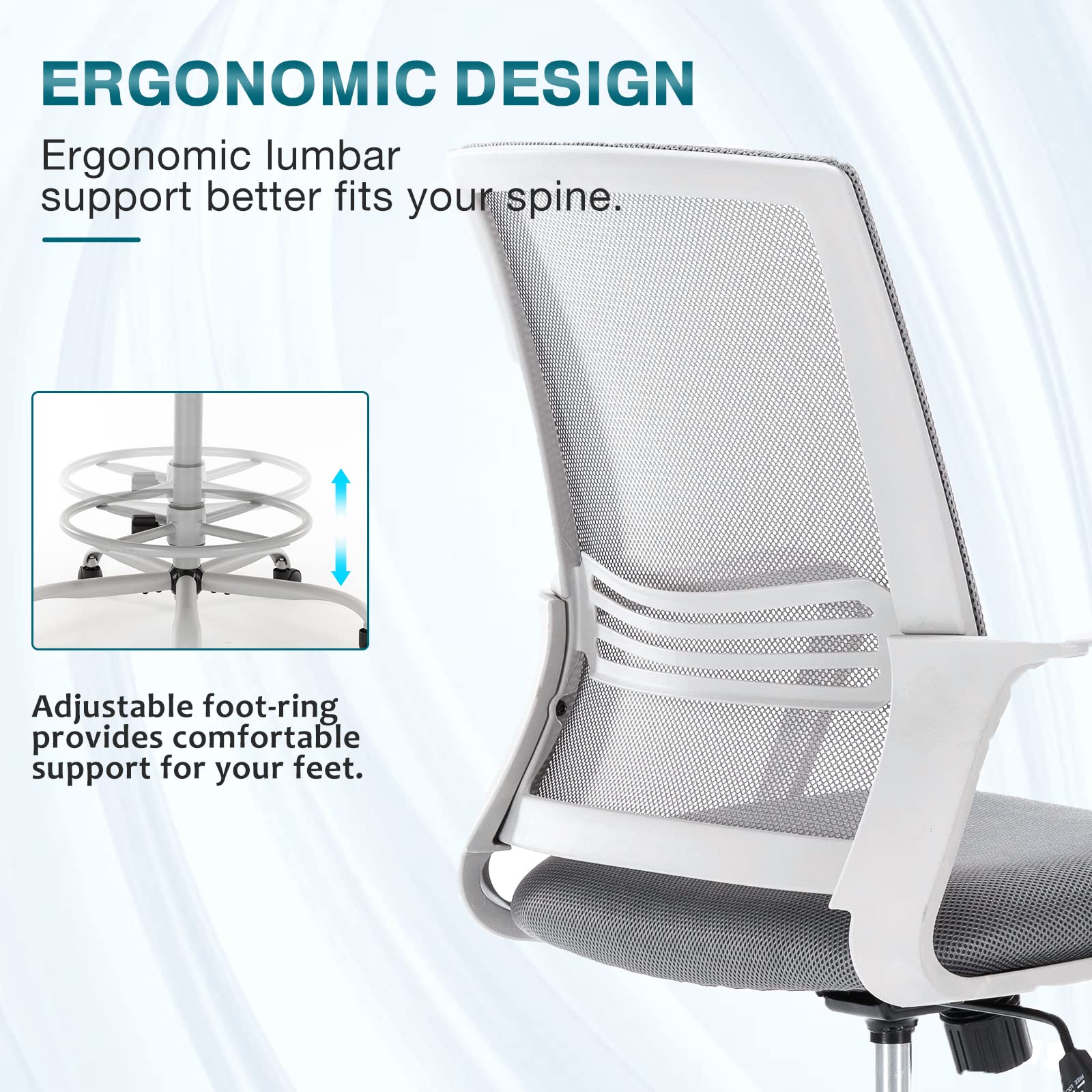 AFO Tall Office Drafting Chair with Ergonomic Lumbar Support, Armrests and Adjustable Foot Ring Breathable Mesh, Comfortable Padded Seat Cushion, for Standing Desk, Grey 18.5D x 18.9W x 45.47H Inch