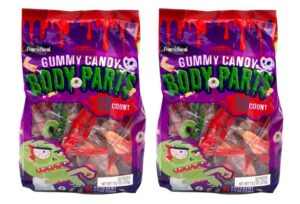 frankford candy gummy body parts halloween candy, 100 count of individually wrapped parts including eyeballs, fingers, legs, brains, and ears. trick or treaters halloween night candy