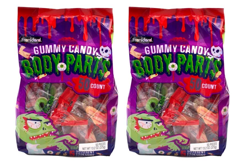 Frankford Candy Gummy Body Parts Halloween Candy, 100 Count of Individually Wrapped Parts including Eyeballs, Fingers, Legs, Brains, and Ears. Trick or Treaters Halloween Night Candy