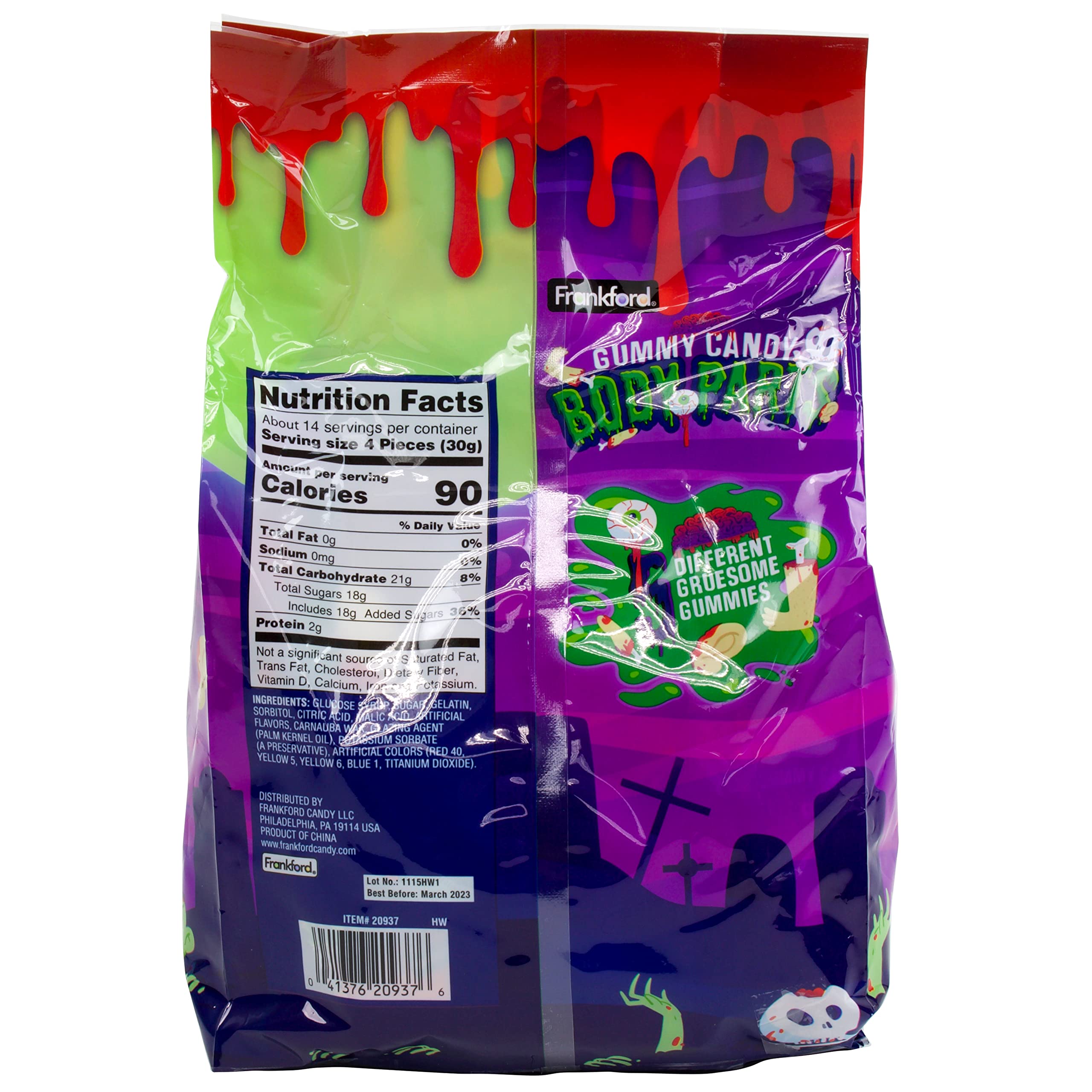 Frankford Candy Gummy Body Parts Halloween Candy, 100 Count of Individually Wrapped Parts including Eyeballs, Fingers, Legs, Brains, and Ears. Trick or Treaters Halloween Night Candy