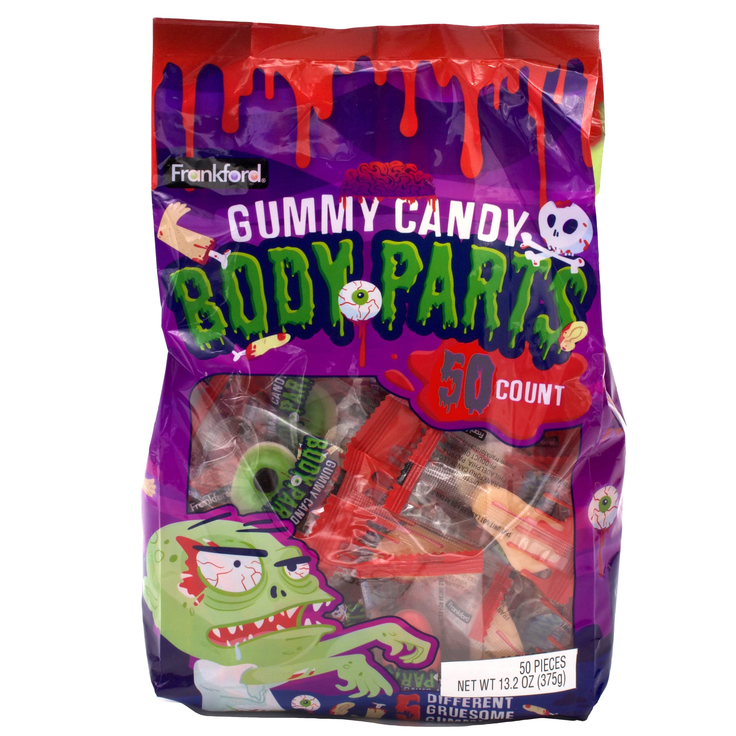 Frankford Candy Gummy Body Parts Halloween Candy, 100 Count of Individually Wrapped Parts including Eyeballs, Fingers, Legs, Brains, and Ears. Trick or Treaters Halloween Night Candy