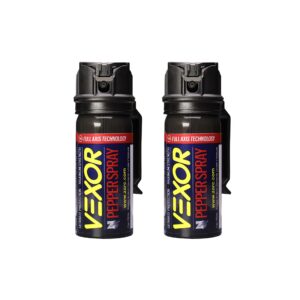 vexor police-strength pepper spray 2-pack with belt clip, 20ft range, 360° spray, flip safety - for self defense