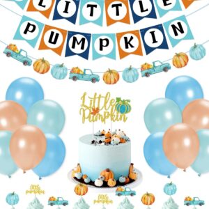 Mosailles Little Pumpkin Decorations Baby Shower Blue Pumpkin Banner Garland Gold Glittery Pumpkin Cake Toppers Latex Balloons for Fall Birthday Thanksgiving Party Decorations Supplies