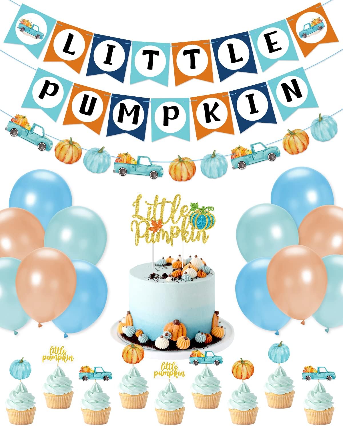 Mosailles Little Pumpkin Decorations Baby Shower Blue Pumpkin Banner Garland Gold Glittery Pumpkin Cake Toppers Latex Balloons for Fall Birthday Thanksgiving Party Decorations Supplies