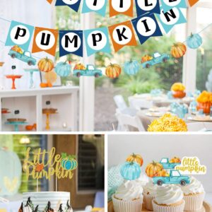 Mosailles Little Pumpkin Decorations Baby Shower Blue Pumpkin Banner Garland Gold Glittery Pumpkin Cake Toppers Latex Balloons for Fall Birthday Thanksgiving Party Decorations Supplies