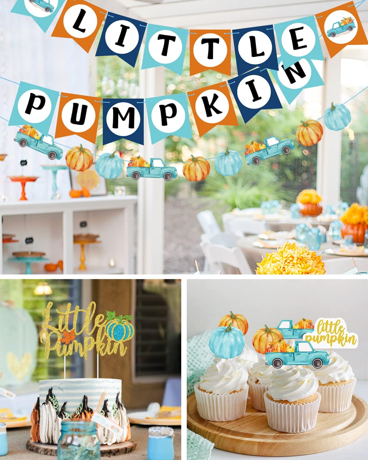 Mosailles Little Pumpkin Decorations Baby Shower Blue Pumpkin Banner Garland Gold Glittery Pumpkin Cake Toppers Latex Balloons for Fall Birthday Thanksgiving Party Decorations Supplies