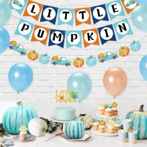 Mosailles Little Pumpkin Decorations Baby Shower Blue Pumpkin Banner Garland Gold Glittery Pumpkin Cake Toppers Latex Balloons for Fall Birthday Thanksgiving Party Decorations Supplies