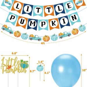 Mosailles Little Pumpkin Decorations Baby Shower Blue Pumpkin Banner Garland Gold Glittery Pumpkin Cake Toppers Latex Balloons for Fall Birthday Thanksgiving Party Decorations Supplies