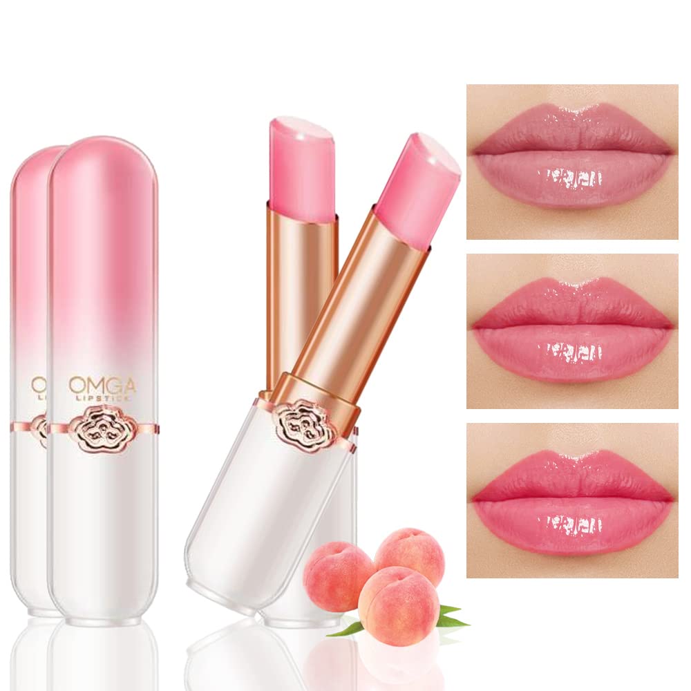 BINGBRUSH 2 Pcs Peach Color Changing Lipstick Queen,PH Mood Long Lasting Labiales Lip Gloss Lip Balm Tinted Magic Lip Stain Makeup Lipstick Set for Women